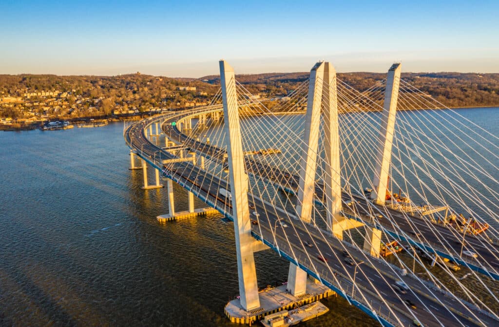 Aerial view of the New Tappan Zee Bridge, spanning Hudson River between Nyack and Tarrytown on late sunny afternoon